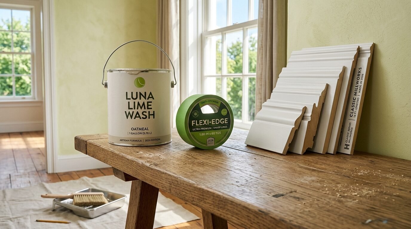 Oatmeal lime wash paint can, roll of flexi-edge tape, and wooden molding pieces sitting on a rustic wooden table.