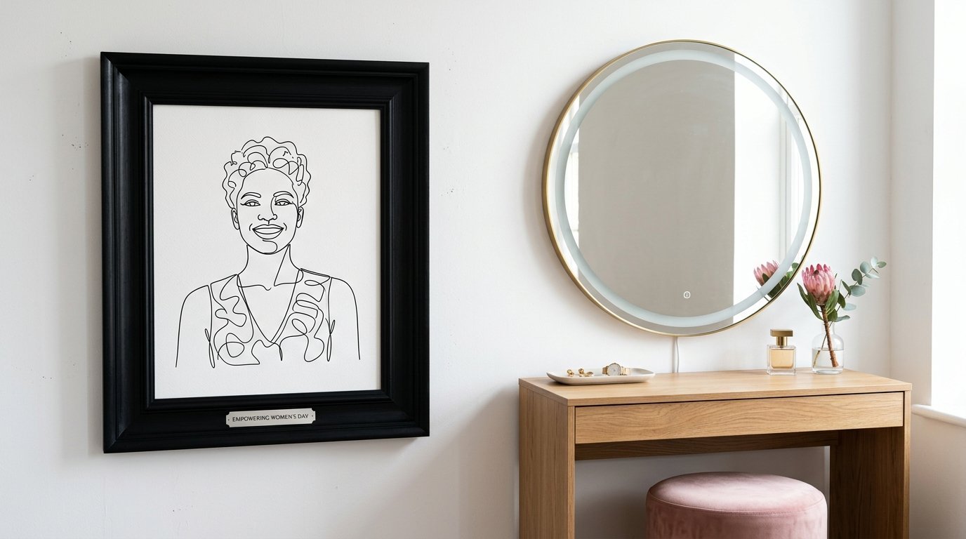 A black framed line art portrait of a smiling woman next to a round mirror and a pink velvet stool.