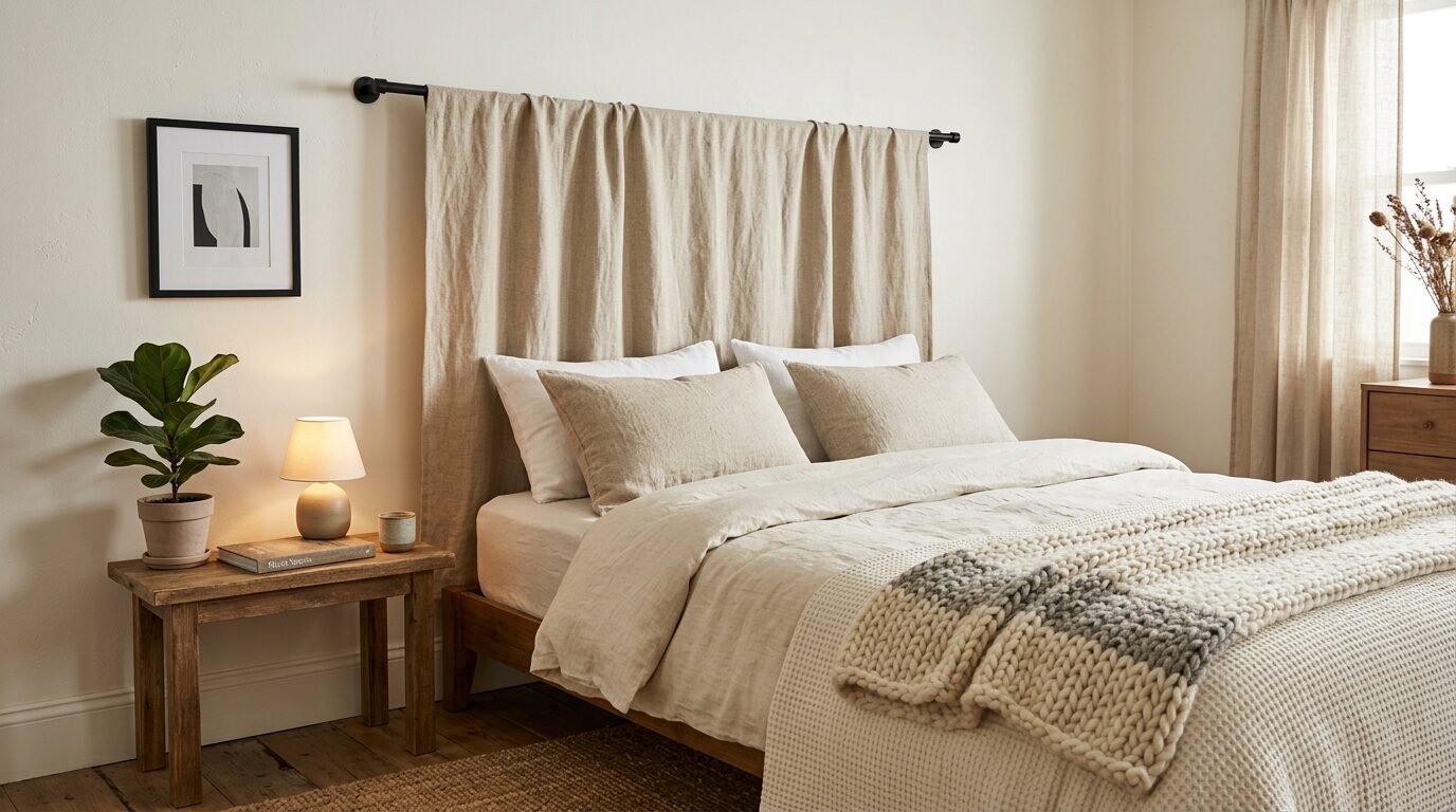 A beige linen fabric headboard hangs on a black rod above a bed with neutral bedding and a chunky knit throw blanket.