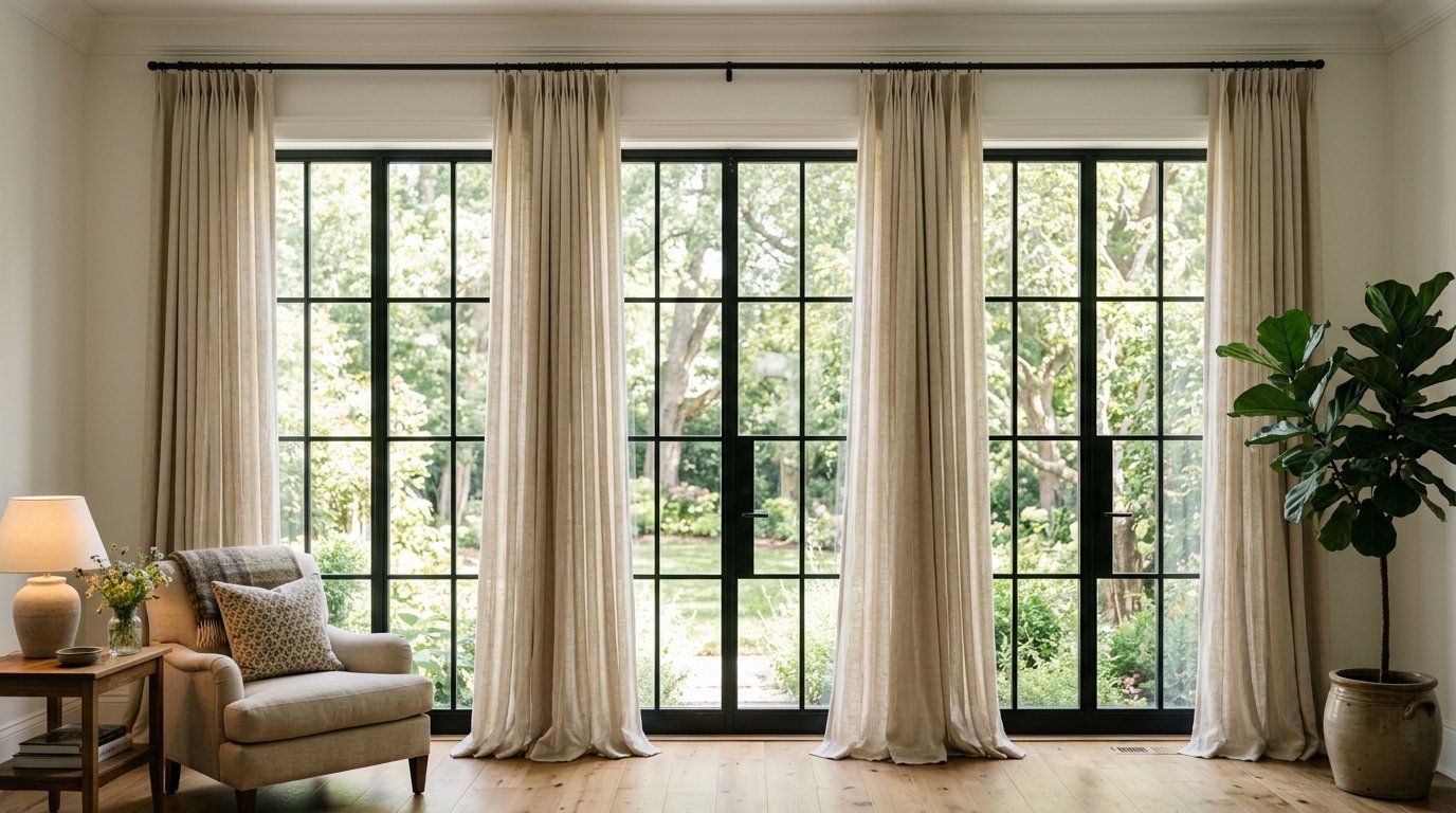 A cozy reading nook with a beige armchair near large black-framed glass doors draped in natural linen curtains.