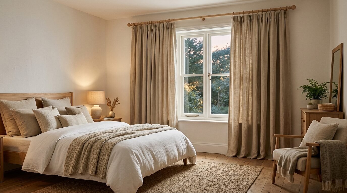A tranquil bedroom with soft beige curtains hanging by a window overlooking trees.