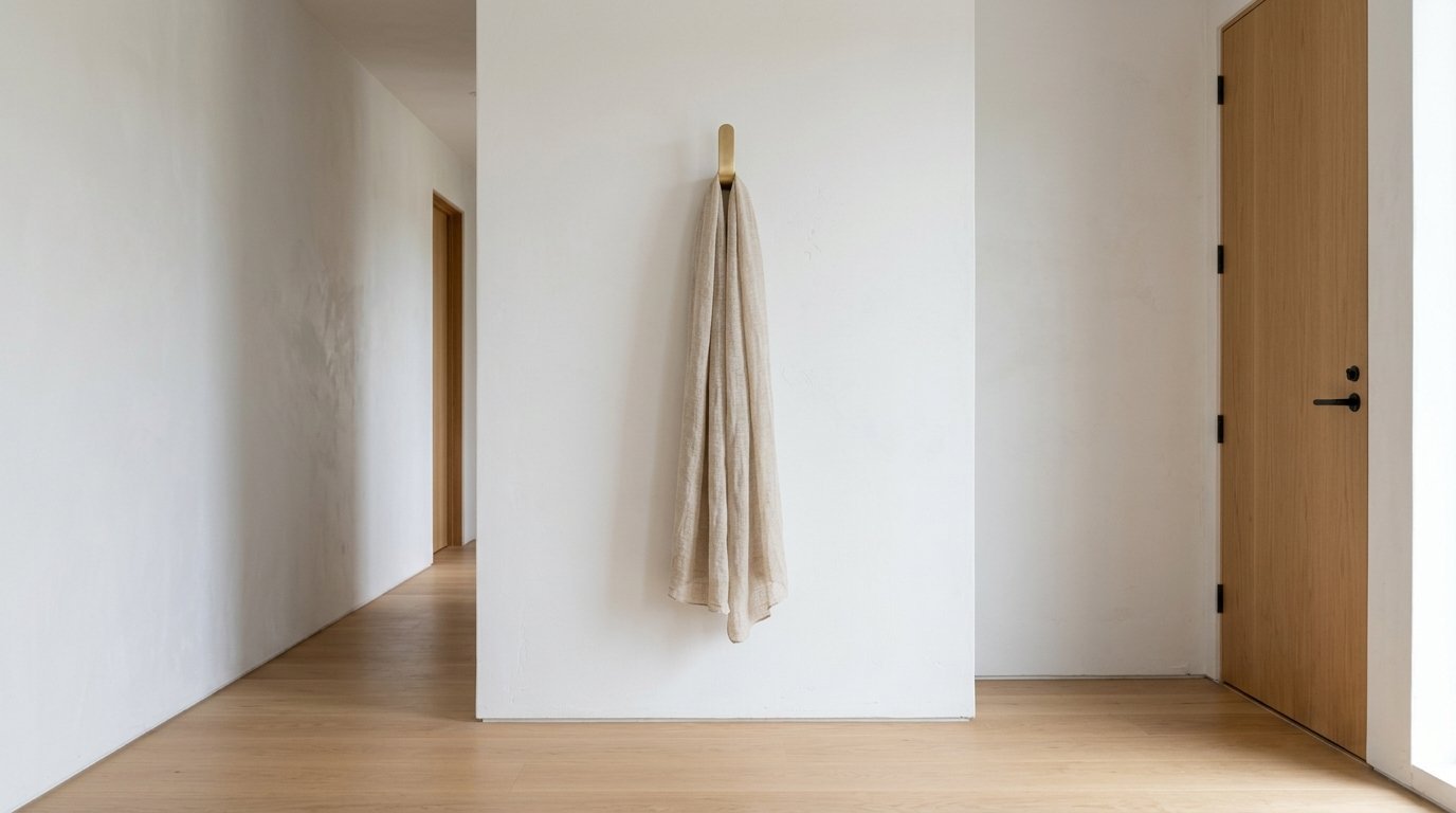 A beige textile draped over a gold hook mounted on a plain white interior wall.