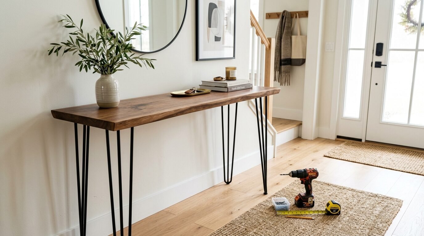 A wooden console table with black metal legs sits in a hallway next to a power drill and measuring tape.
