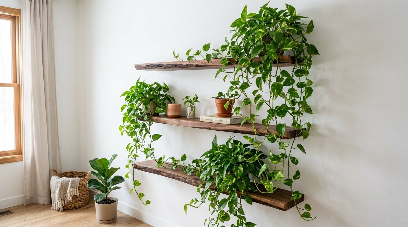 Floating walnut shelves mounted on a white wall filled with cascading indoor pothos greenery.