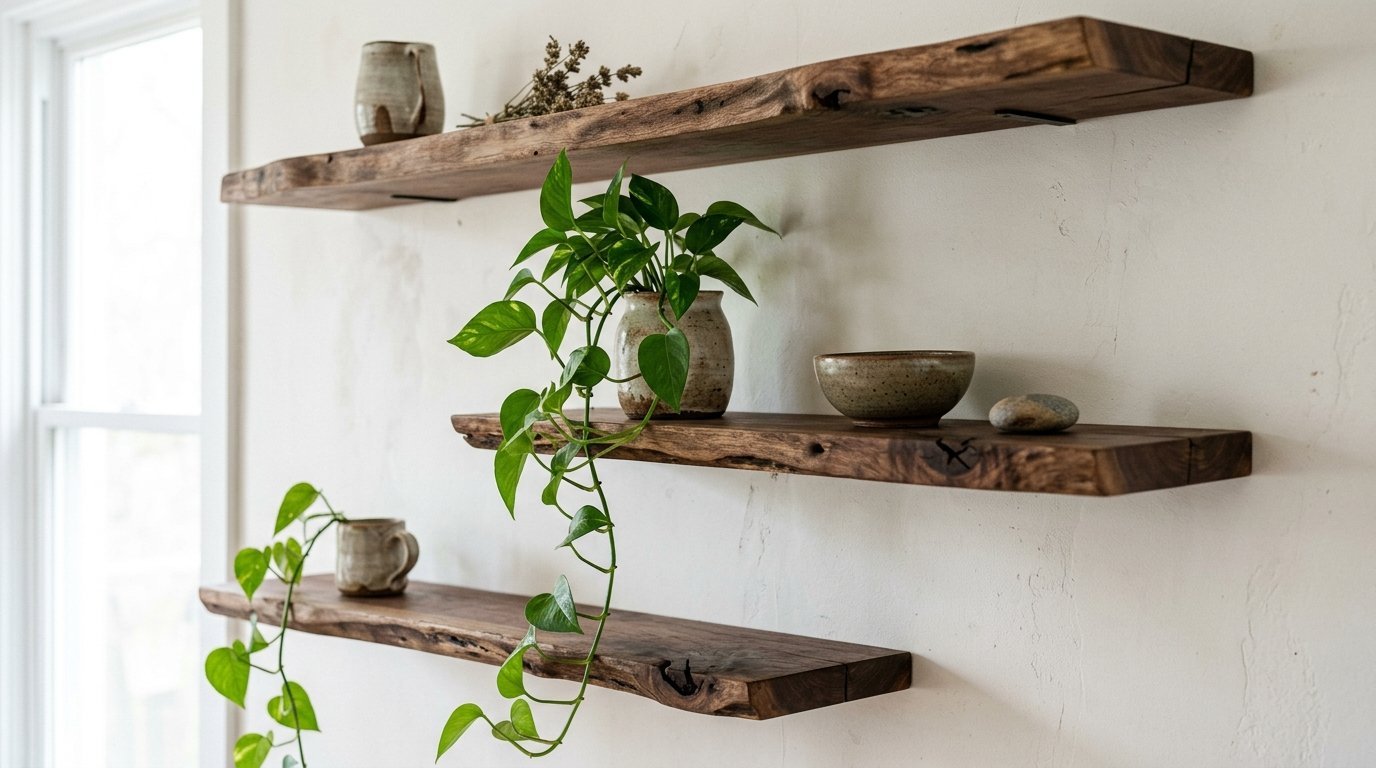 Three rustic floating wood shelves mounted on a white wall displaying ceramic bowls, dried herbs, and trailing green plants.