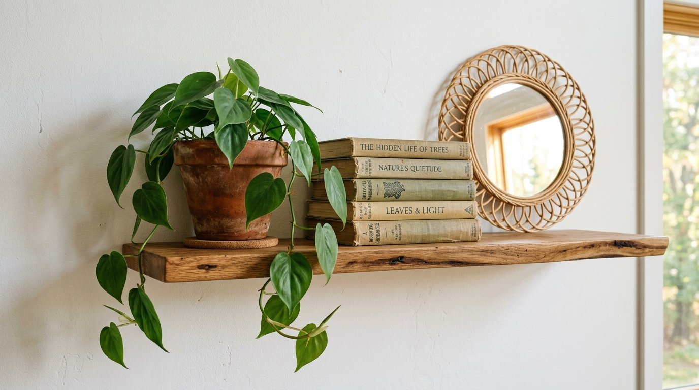 A live edge wooden shelf holding a trailing heartleaf philodendron in a terracotta pot next to stacked books and a rattan mirror.