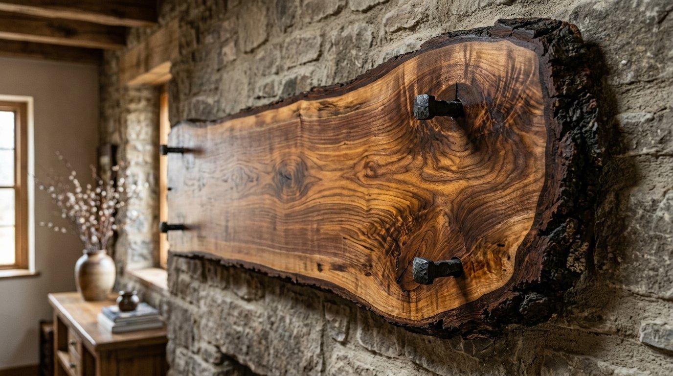A rustic live edge timber board with dark forged metal bolts hanging on a textured fieldstone interior wall.