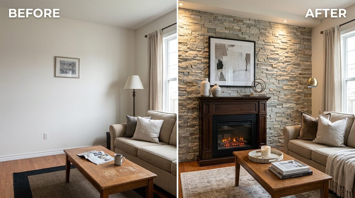 Before and after comparison of a living room wall upgrade with a built-in dark wood electric fireplace.