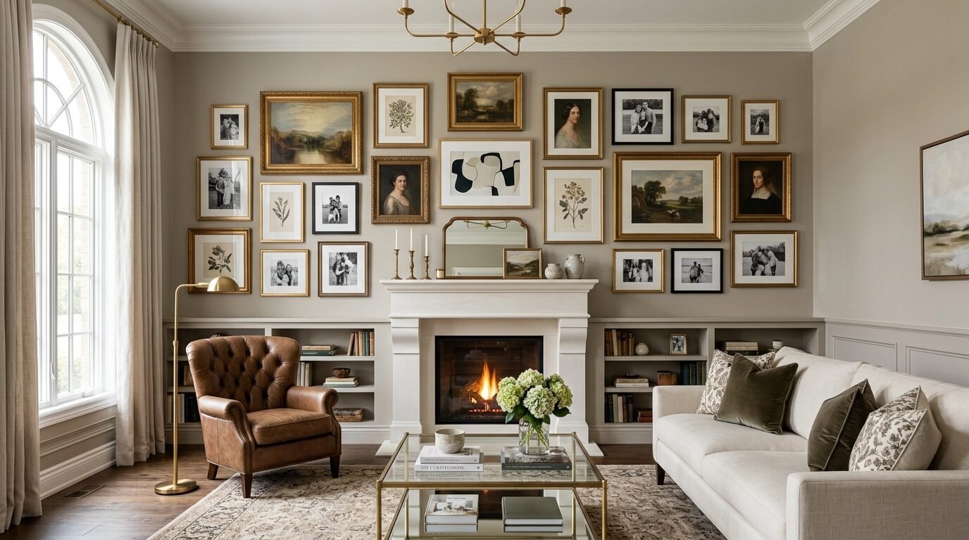 A beige living room with a brown leather chair, white sofa, and a wall covered in various framed art prints.