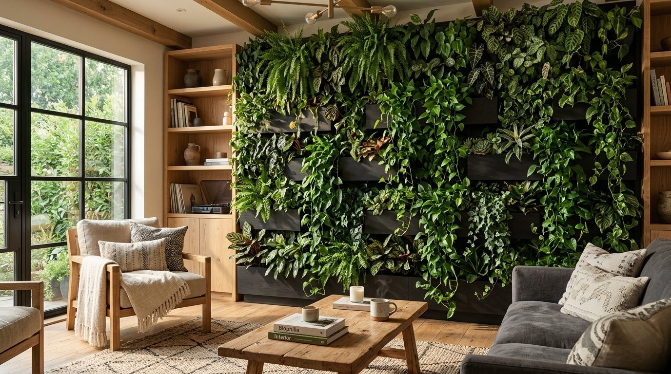 A sunlit living room with a large plant-covered feature wall, a wooden coffee table, and comfortable seating.