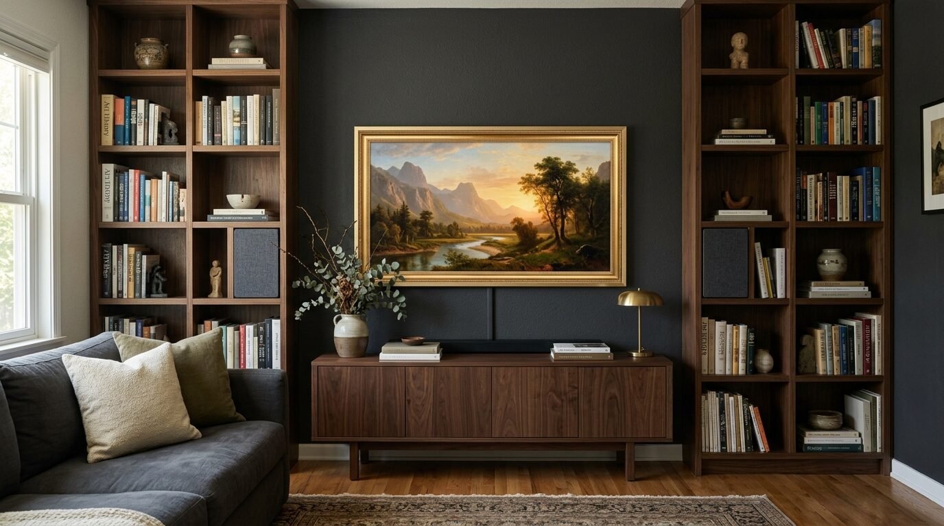 A gold-framed nature painting hangs above a media console, flanked by two tall, book-filled wooden shelves.