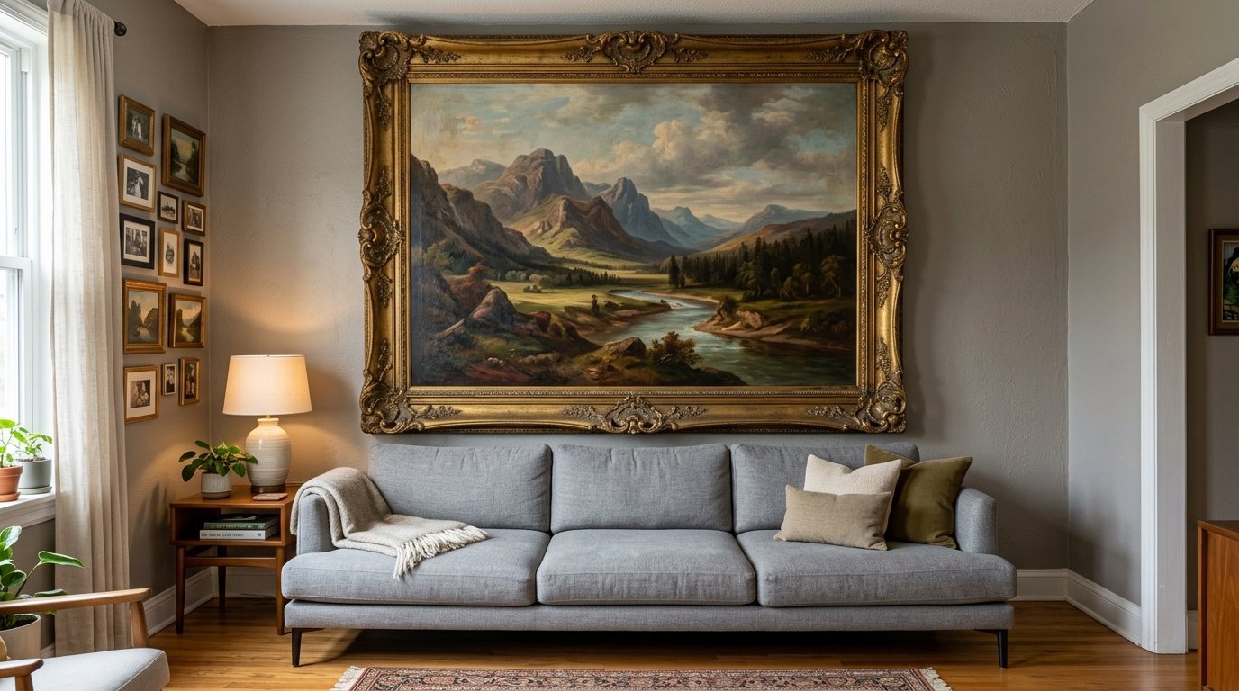 A grey sofa sits below a massive landscape painting in an elaborate gold frame in a cozy living room.
