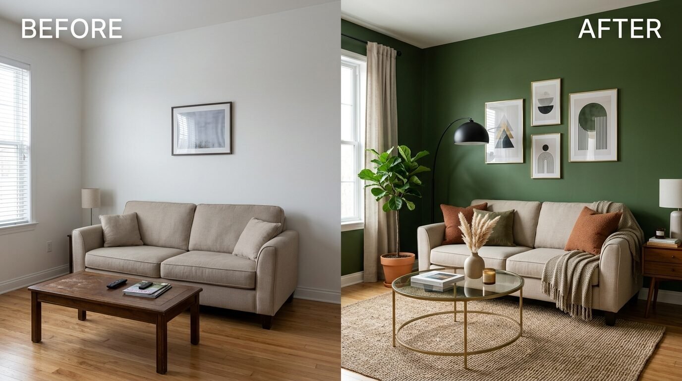 Split screen showing a neutral living room compared to a restyled space featuring forest green walls and gold accents.