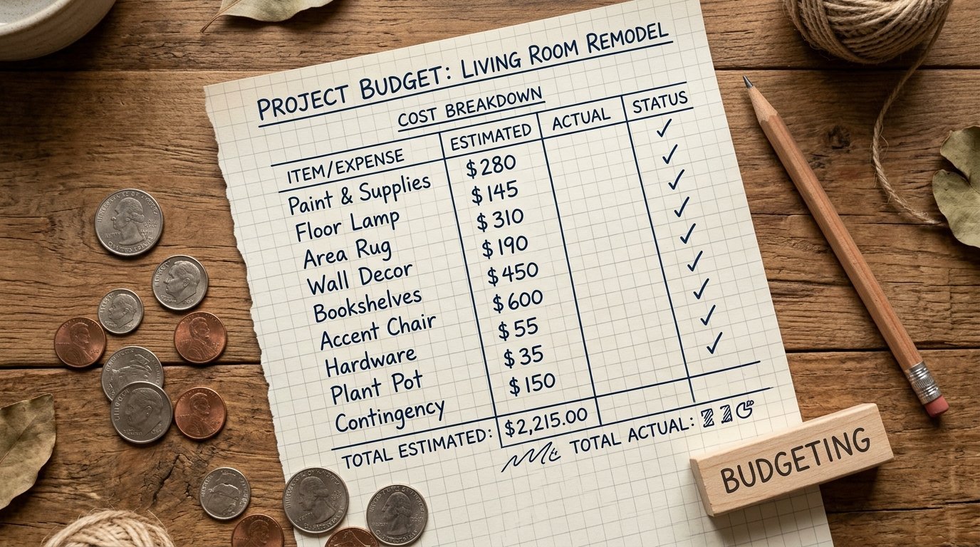 Graph paper with a living room remodel budget list, US coins, and a wooden budgeting block on a desk.