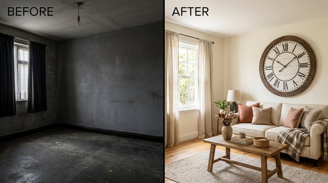 Comparison showing a dark, empty room next to a fully furnished, brightly lit living space with a sofa and large clock.