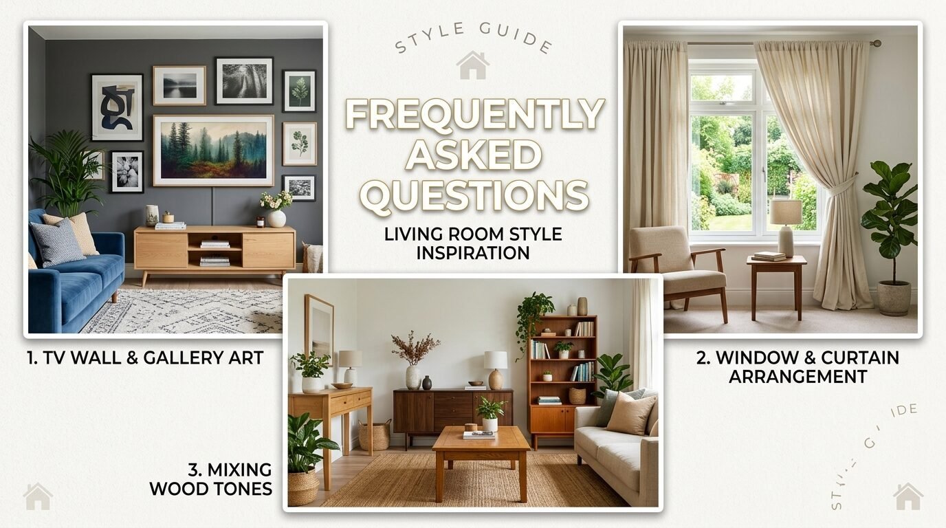 Three lifestyle photos showcasing a gallery wall, window treatments, and various wood furniture arrangements.