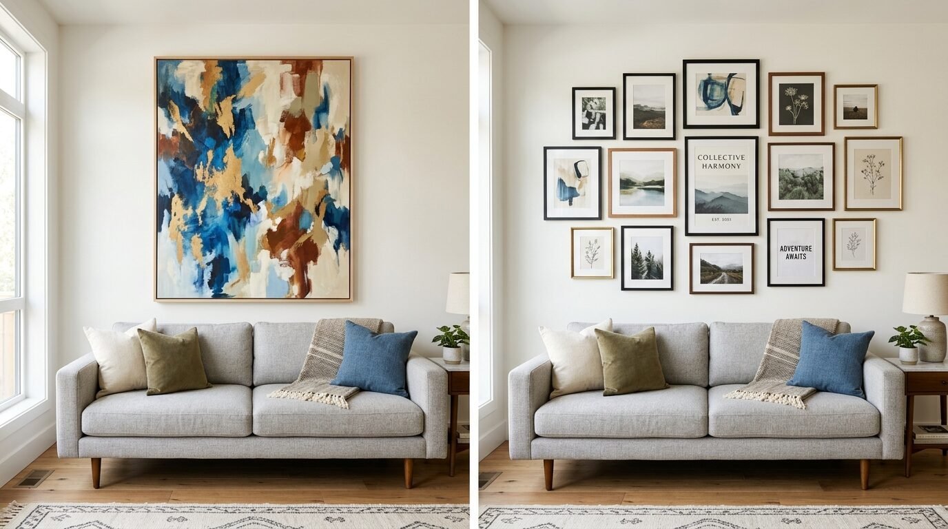 Split image showing a grey sofa styled with a single large abstract painting versus a collection of small framed prints.