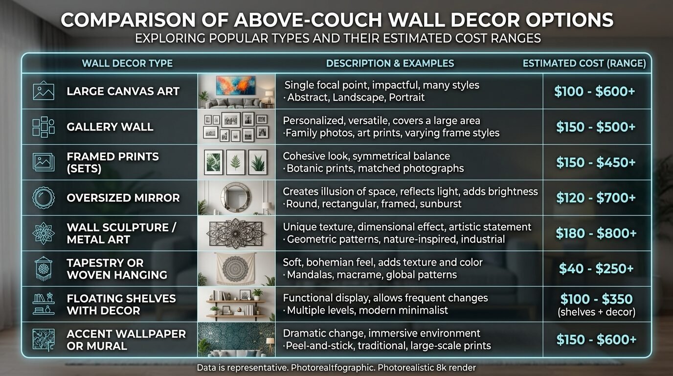 An infographic table comparing eight types of above-couch wall decor with descriptions and estimated costs.