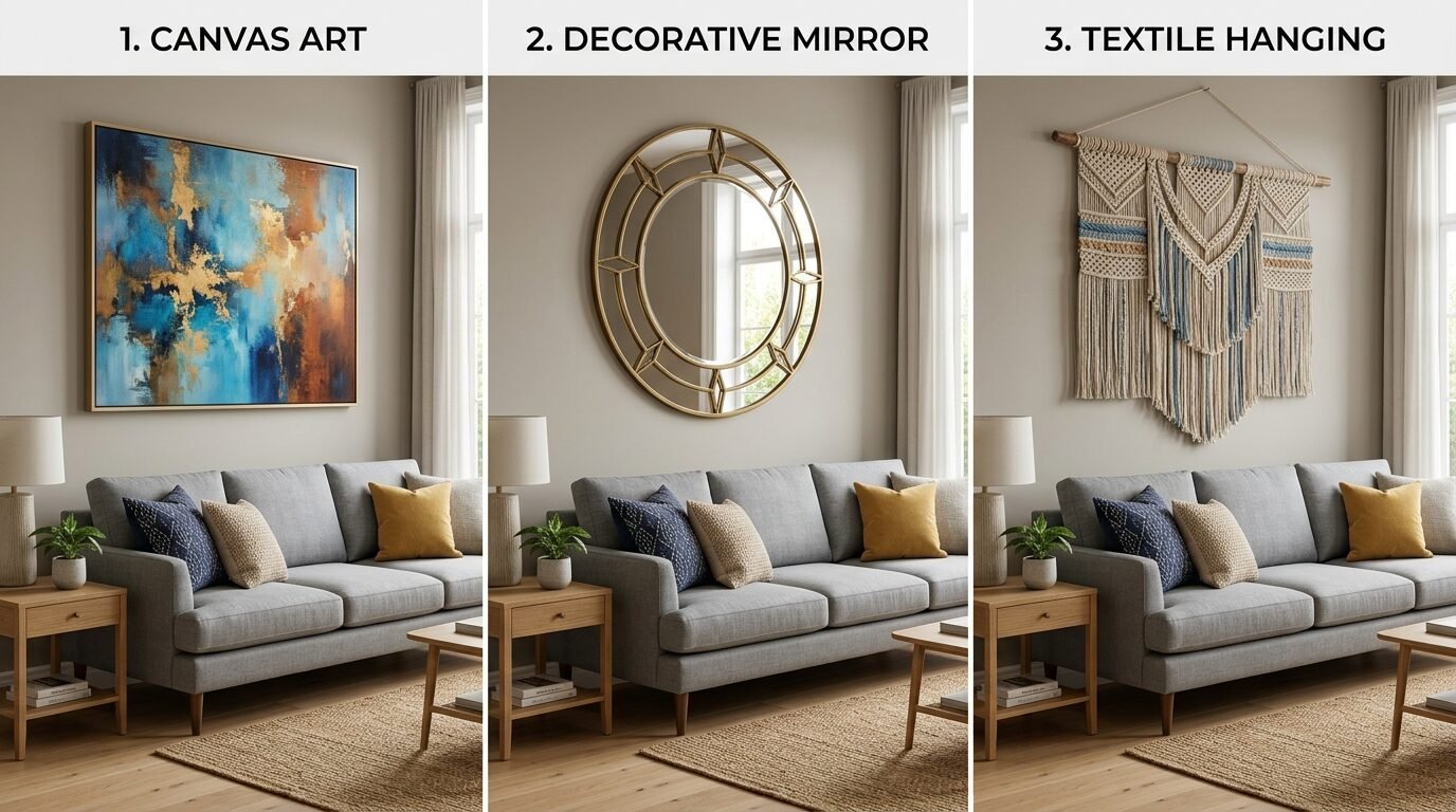 Comparison of living room wall decor featuring abstract canvas art, a round gold mirror, and a macrame wall hanging.
