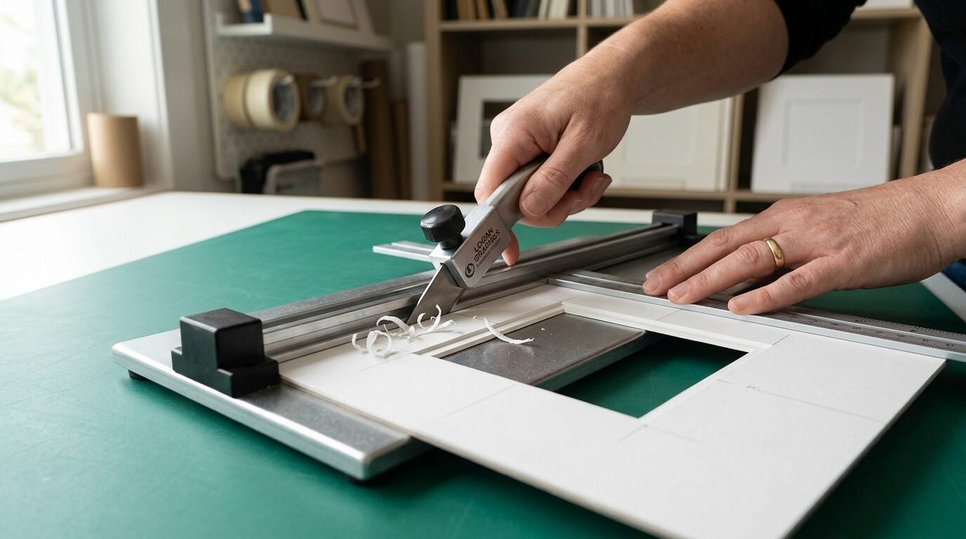 Close up of a person using a Logan mat cutter to trim the edge of a white mat board for framing.