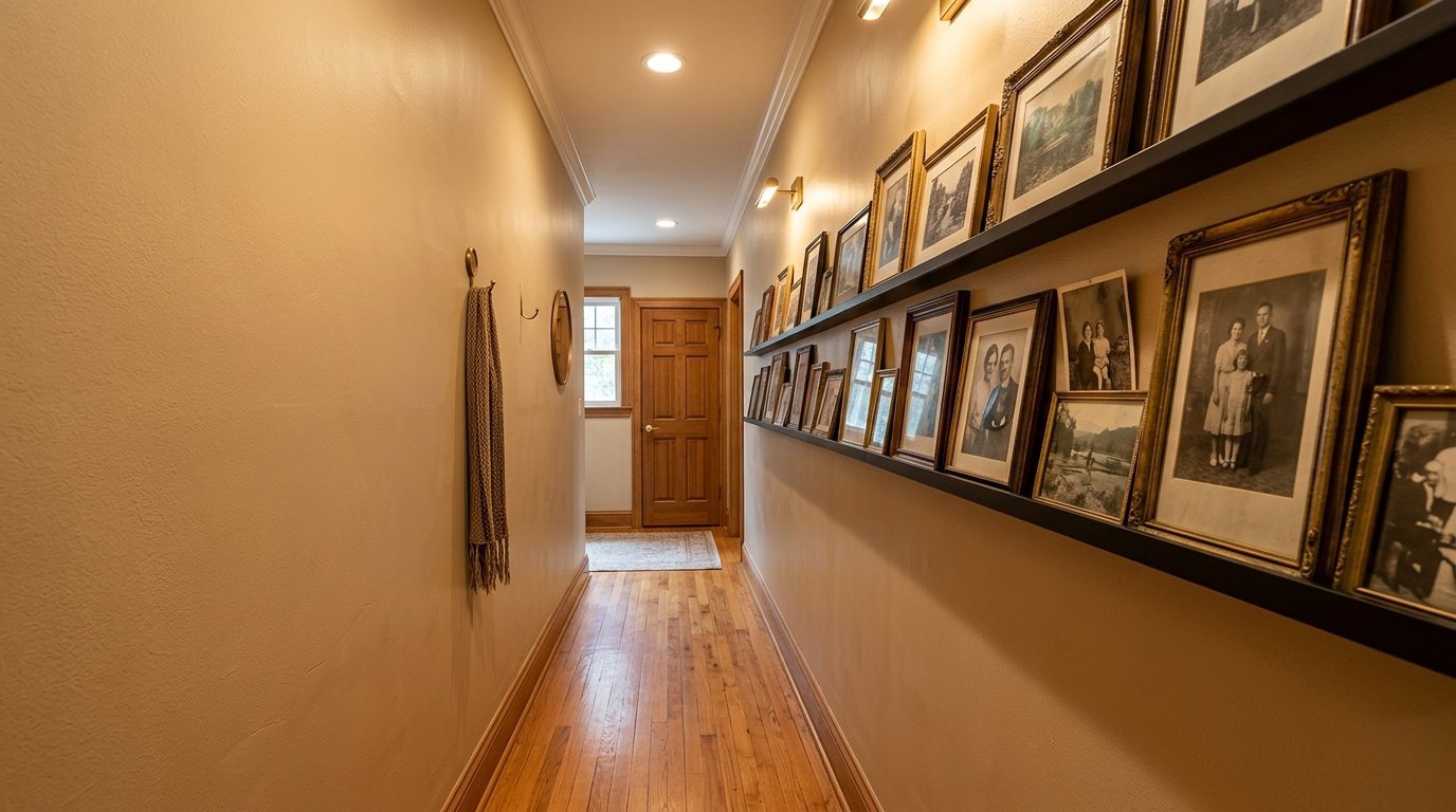 Wooden hallway with a gallery ledge displaying vintage framed photographs on the wall.