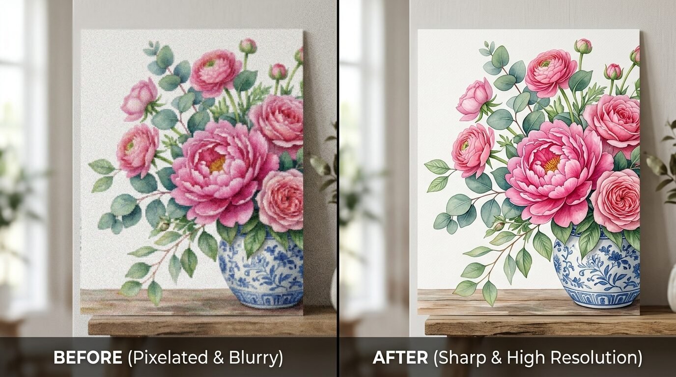 Split screen showing a pixelated pink floral bouquet versus a clear sharp version in a blue and white vase.
