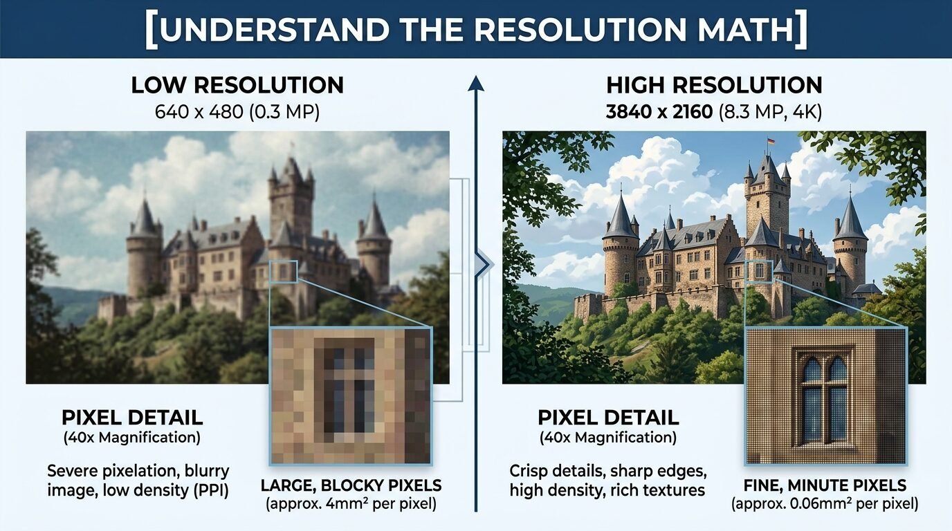 Comparison of a blurry castle image at 640x480 resolution versus a sharp 4K image with enlarged pixel detail.