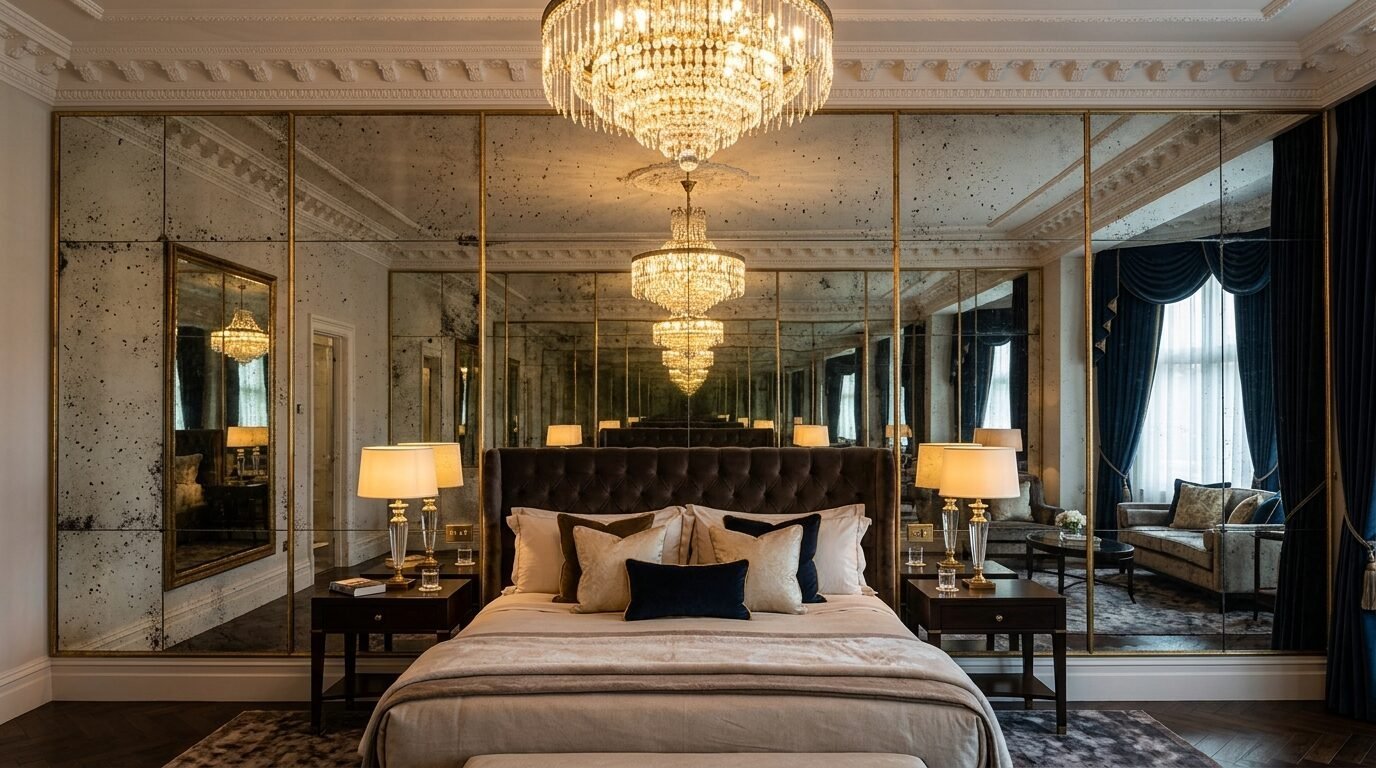 A plush bed centered in front of a floor-to-ceiling antique mirrored wall with a grand crystal chandelier overhead.