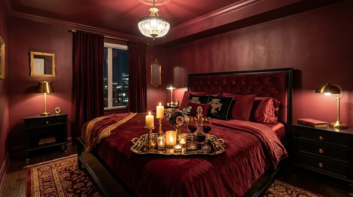 Elegant bedroom with dark red walls, a velvet bed with a serving tray of wine, and warm ambient lighting.