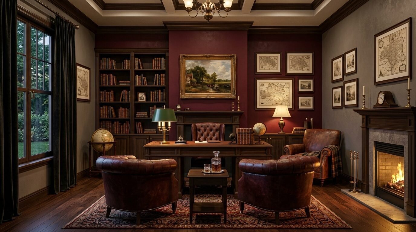 A traditional home library with leather chairs, a wooden desk, fireplace, bookshelves, and classic landscape paintings.