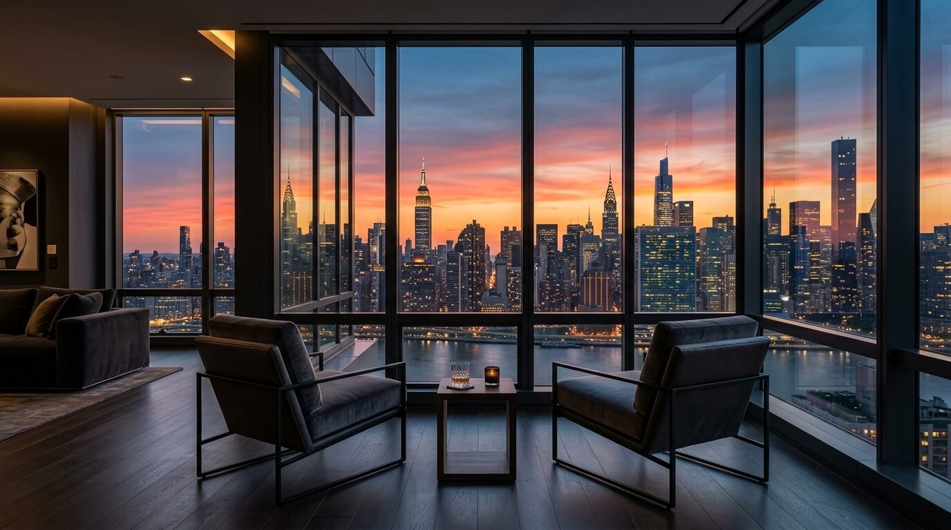 Dark interior lounge with two armchairs overlooking a glowing New York City skyline at dusk through floor-to-ceiling windows.