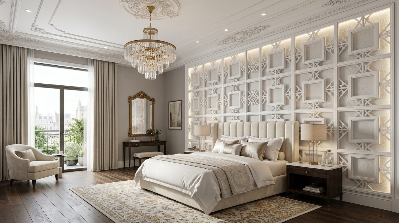 A sophisticated bedroom with a tufted headboard, crystal chandelier, and backlit decorative grid wall paneling.