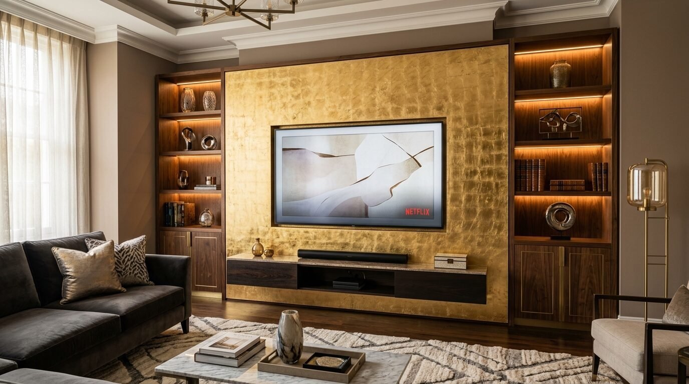 Modern living room with a gold leaf accent wall, wooden shelving, and a mounted flat-screen television.