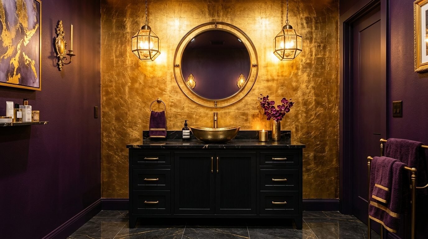 A dark purple bathroom with a gold leaf wall, round mirror, and a hammer-textured gold vessel sink.