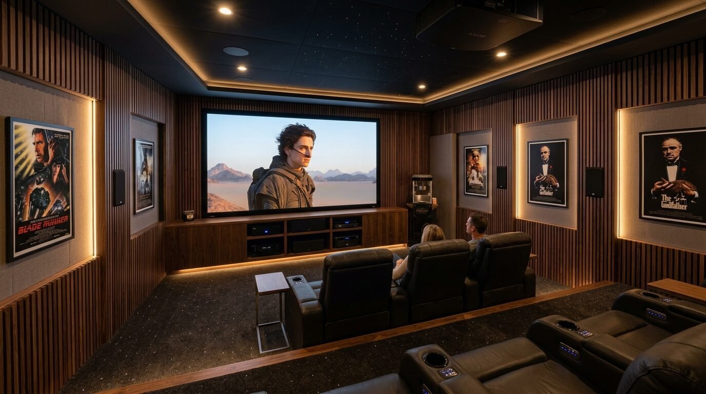 People sitting in leather recliners inside a wood-paneled home media room with movie posters on the wall.