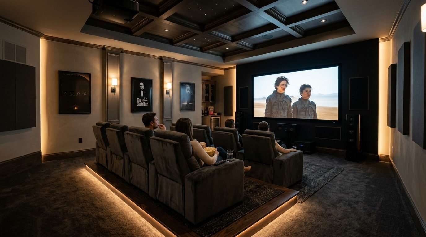 People sitting in velvet recliners watching a film on a large screen in a dimly lit basement movie theater.