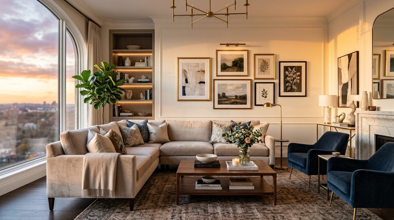 A sunlit living room with a cream sectional, dark blue armchairs, and a gallery wall overlooking a city at sunset.