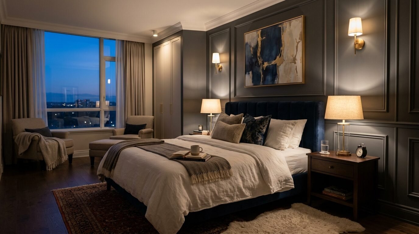 A bedroom at dusk with a velvet headboard, abstract wall art, and ambient lighting by a large window.