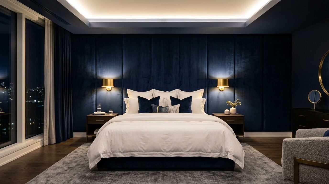 A dark blue upholstered bedroom with a plush white bed, brass wall sconces, and panoramic night city views.