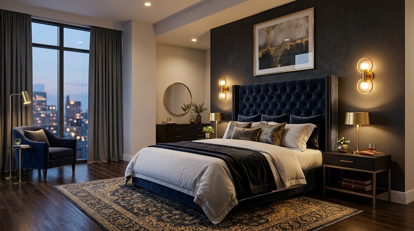 A dimly lit, sophisticated bedroom with a dark blue bed, gold wall lamps, and a city skyline view through floor-to-ceiling windows.