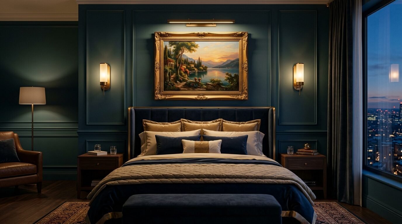Modern hotel bedroom with dark teal walls, golden landscape painting, and city skyline view at night.