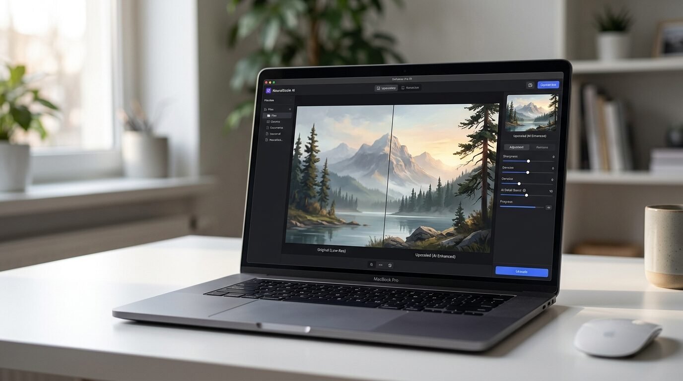 A laptop screen displaying an AI photo upscaling tool comparing a low-res image to an enhanced mountain landscape.