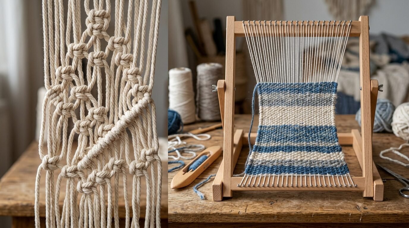 Close up of cream colored macrame knots next to a small wooden loom weaving blue and white striped fabric.