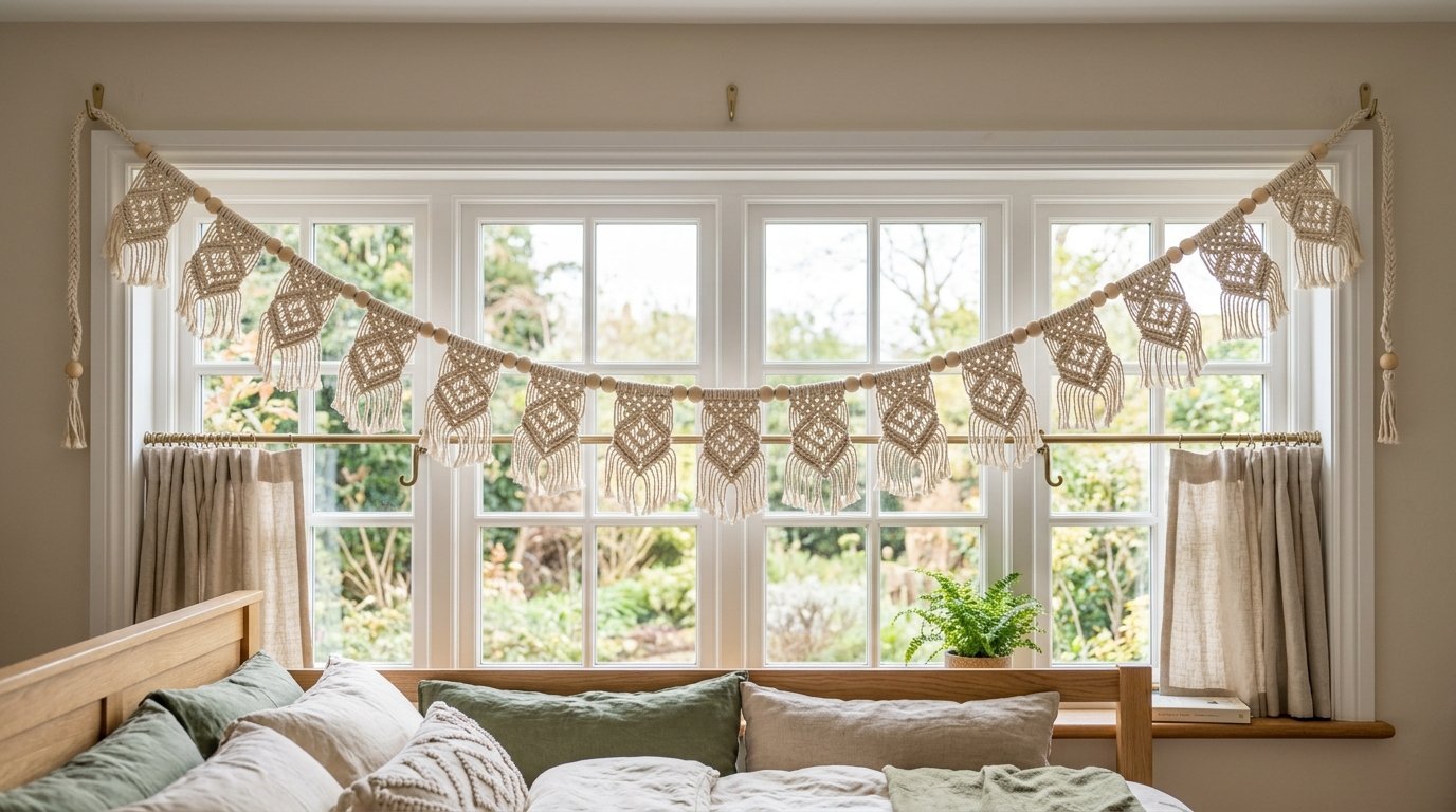 A beige woven macrame banner with wooden beads and fringes hanging above a bedroom window.