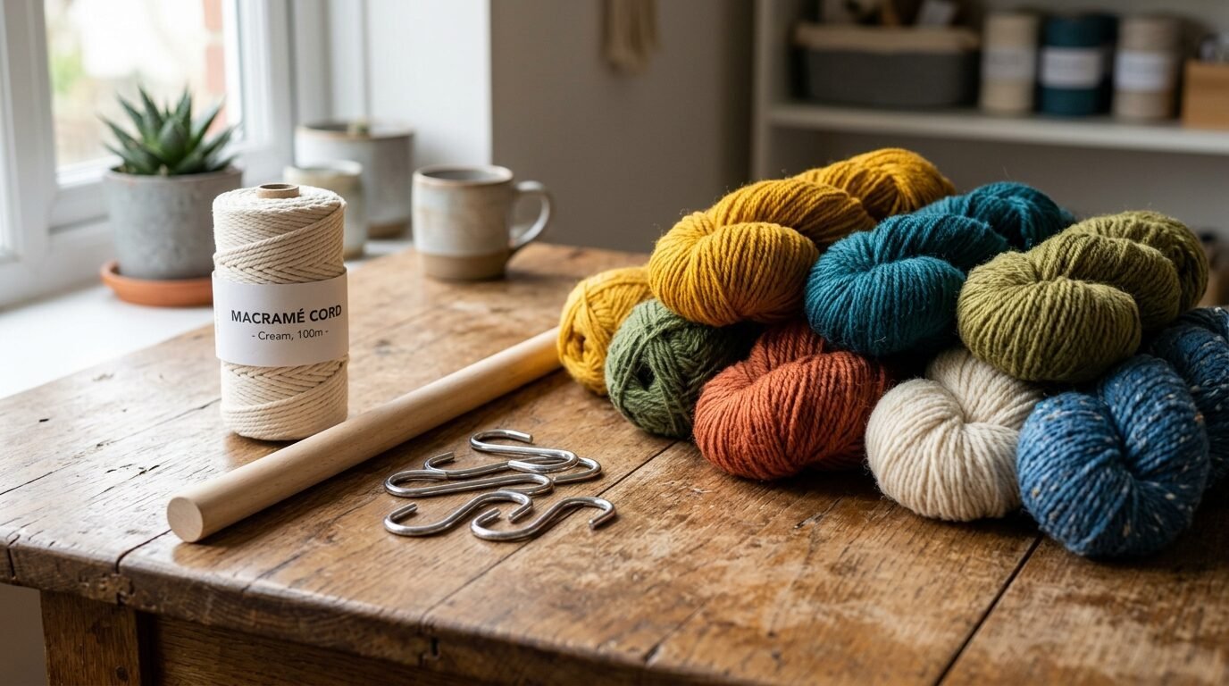 Spool of cream macrame cord, wooden dowel, and metal hooks resting next to a pile of various colorful wool yarn skeins.