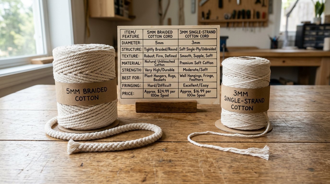 Two spools of natural macrame cord with an informational table highlighting differences in texture and usage.
