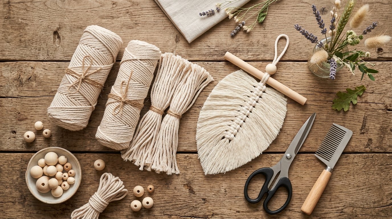 Top down view of cotton macrame cord, wooden beads, scissors, a comb, and a handmade leaf ornament on rustic wood.