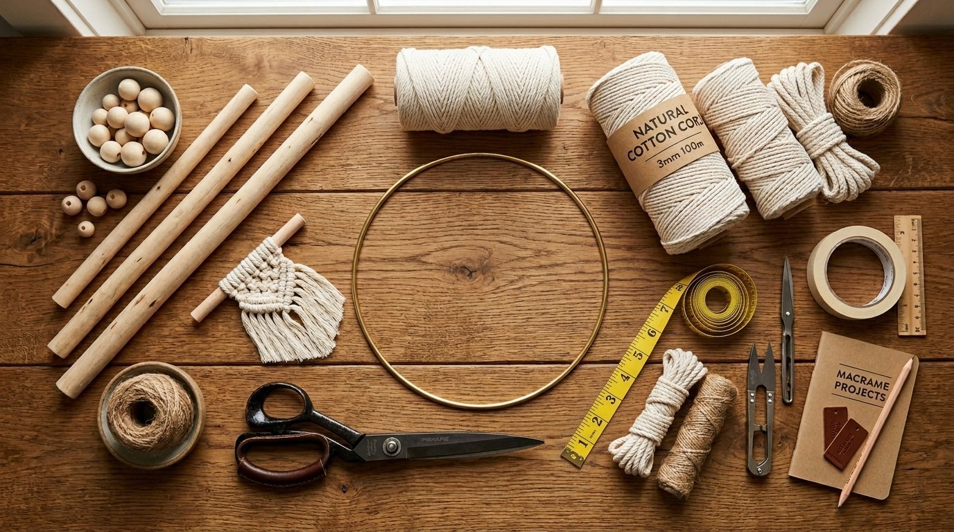 Wooden table with cotton cord, wooden dowels, metal hoop, scissors, and macrame project accessories.