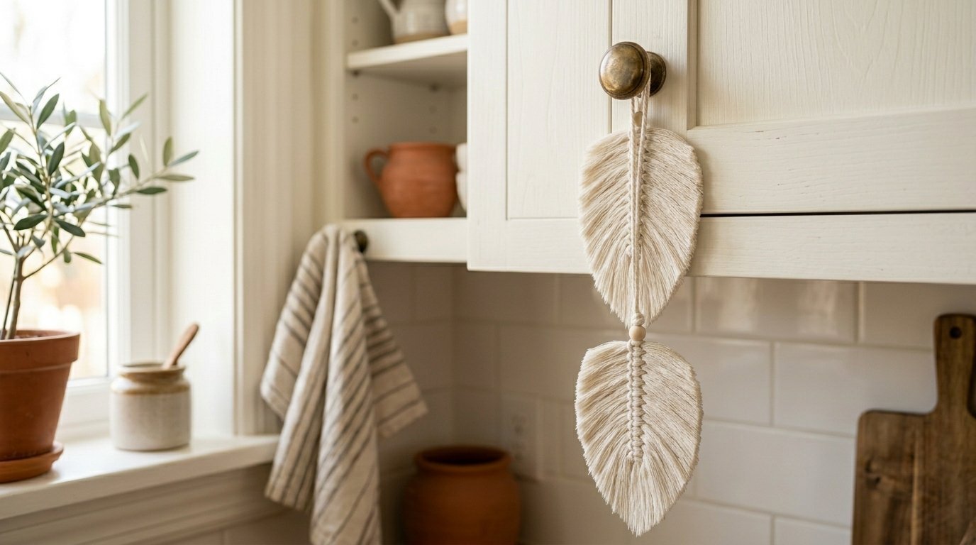Cream colored woven macrame feather wall decor suspended from an antique brass kitchen cupboard handle.