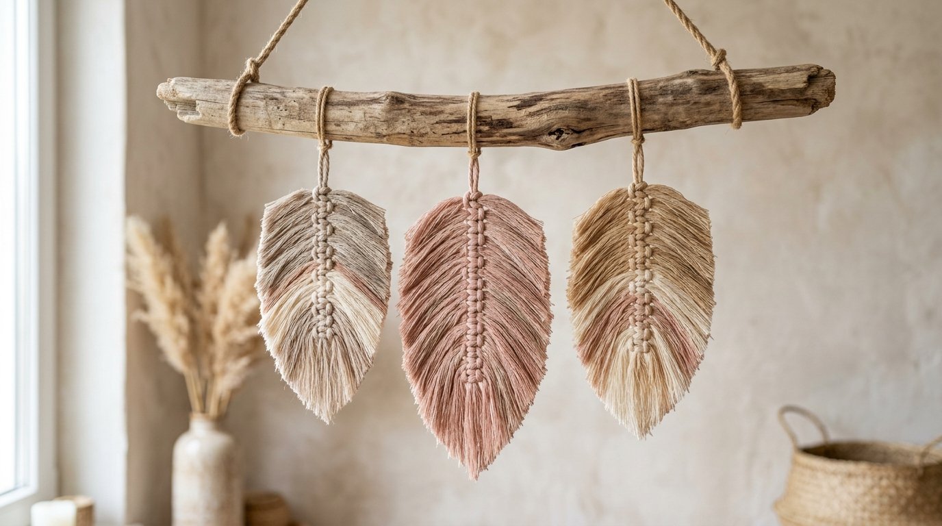 Close up of a trio of fiber art feathers in blush and neutral tones suspended from a piece of textured wood.